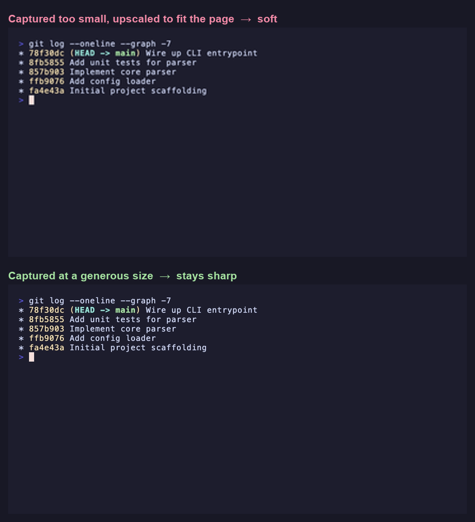 The same git-log view captured too small and upscaled (soft) versus captured at a generous size (sharp).