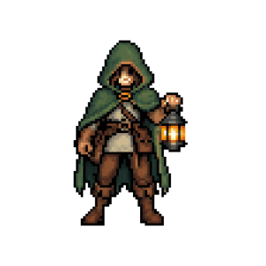 A pixel-art hooded adventurer character walking in place, an animated loop generated by Pixelkiln's character generator