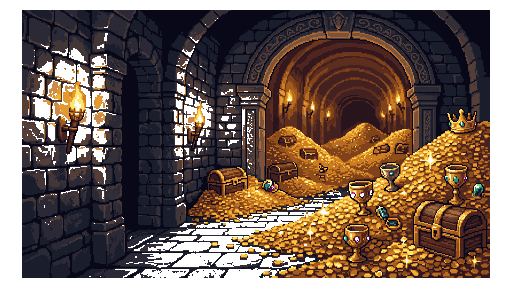 A wide pixel-art dungeon vault background with torches and piles of treasure, generated by Pixelkiln's imagePro generator