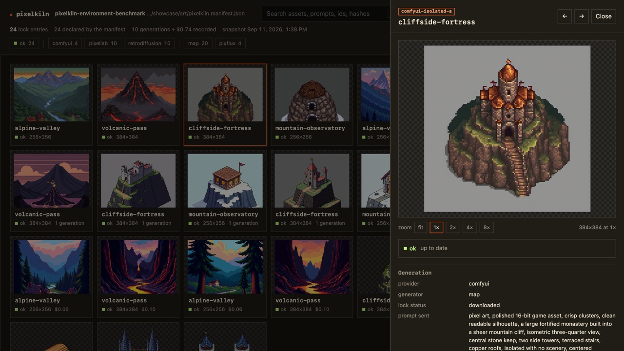 Pixelkiln's local gallery UI showing a contact sheet of generated pixel-art assets with a detail drawer open, showing provider, generator, cost, and prompt for one asset